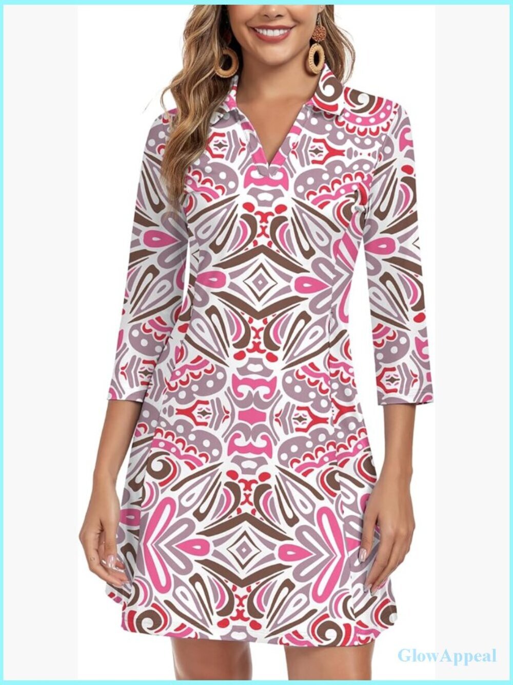 3/4 Sleeve V Neck UPF 50+ Sun Dress with Pockets Quick Dry Casual